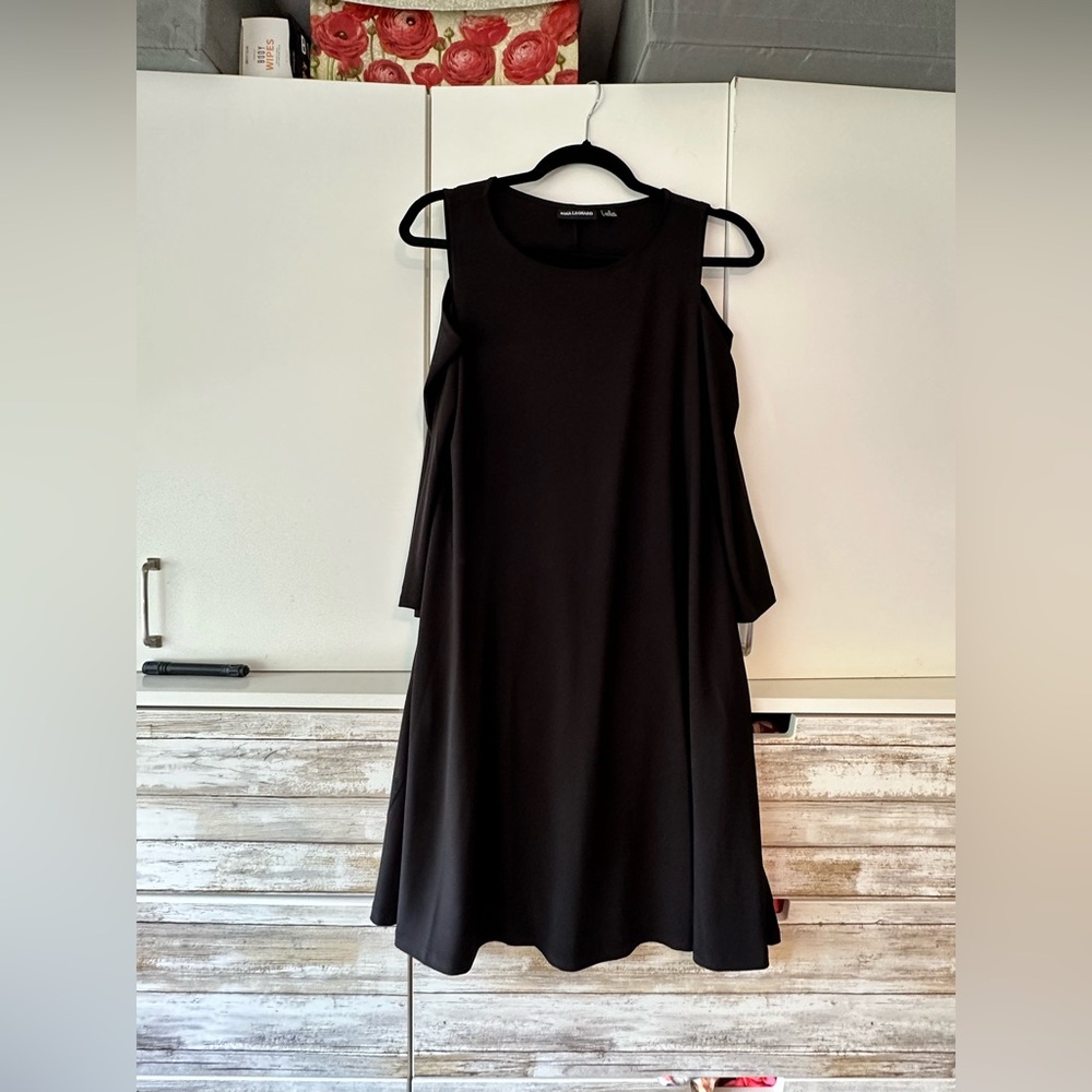 🖤 Nina Leonard Black Cold Shoulder Bell Sleeve A-Line Dress Size S Pockets